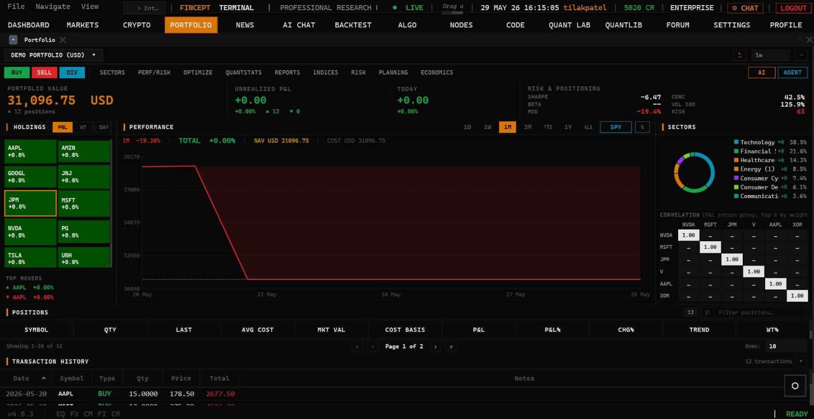 Dark professional trading desk with live portfolio data