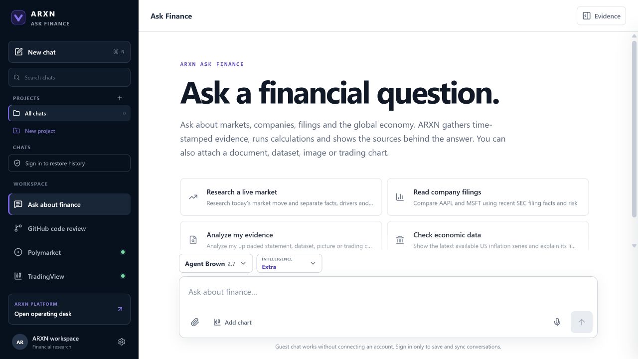 The live ARXN Ask Finance research workspace