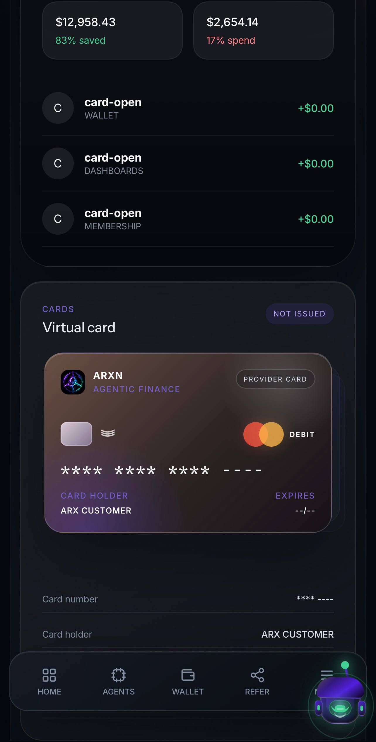 ARXN mobile wallet and agentic debit card interface