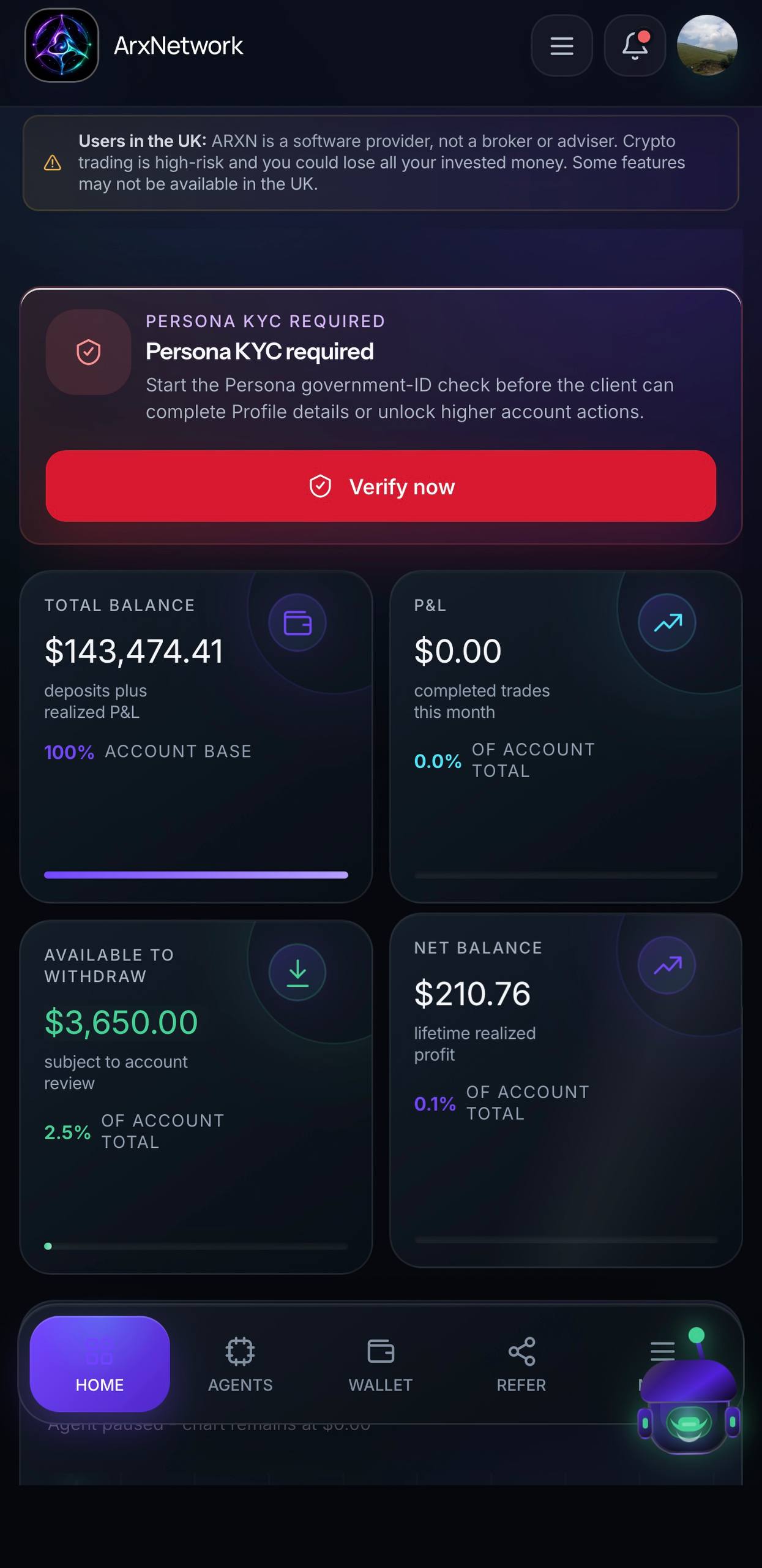 ARXN mobile account dashboard view